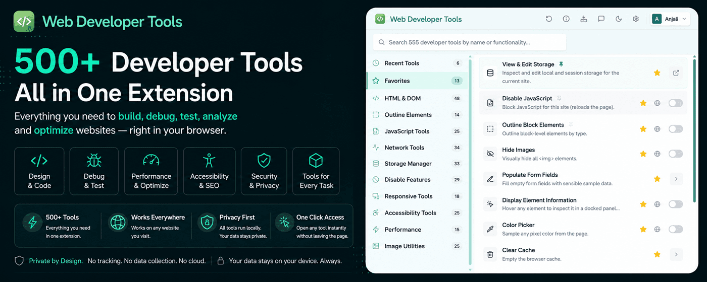 Web Developer Tools popup showing favourited tools including View & Edit Storage, Disable JavaScript, Outline Block Elements, Populate Form Fields and Clear Cache