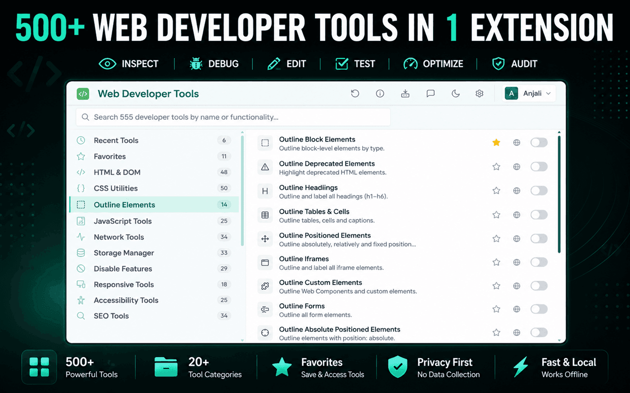 Web Developer Tools popup showing the category sidebar with Image Utilities among HTML & DOM, CSS Utilities, Outline Elements and Network Tools