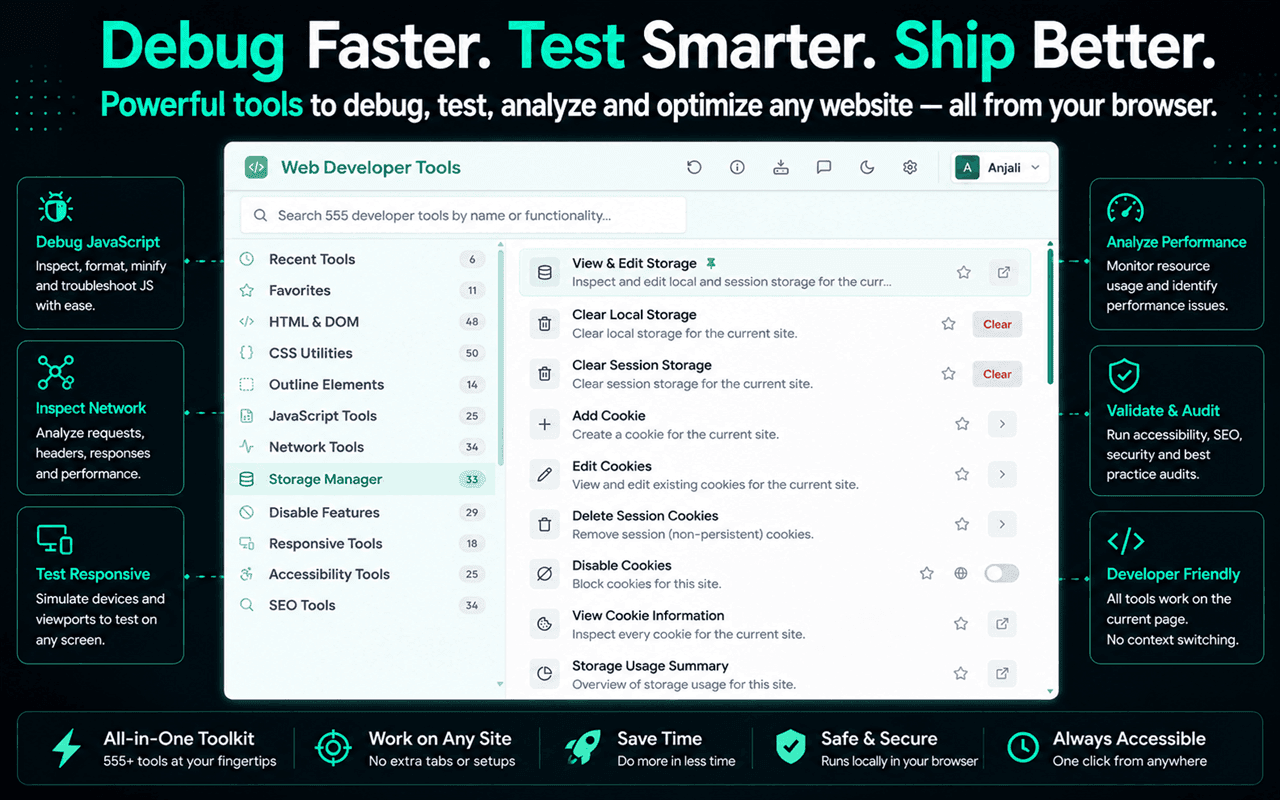 Web Developer Tools popup with panels highlighting debugging, network inspection, responsive testing, performance analysis and auditing capabilities