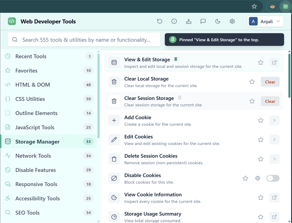 Web Developer Tools popup showing the Storage Manager category with a searchable list of 555 tools organized into categories in a sidebar